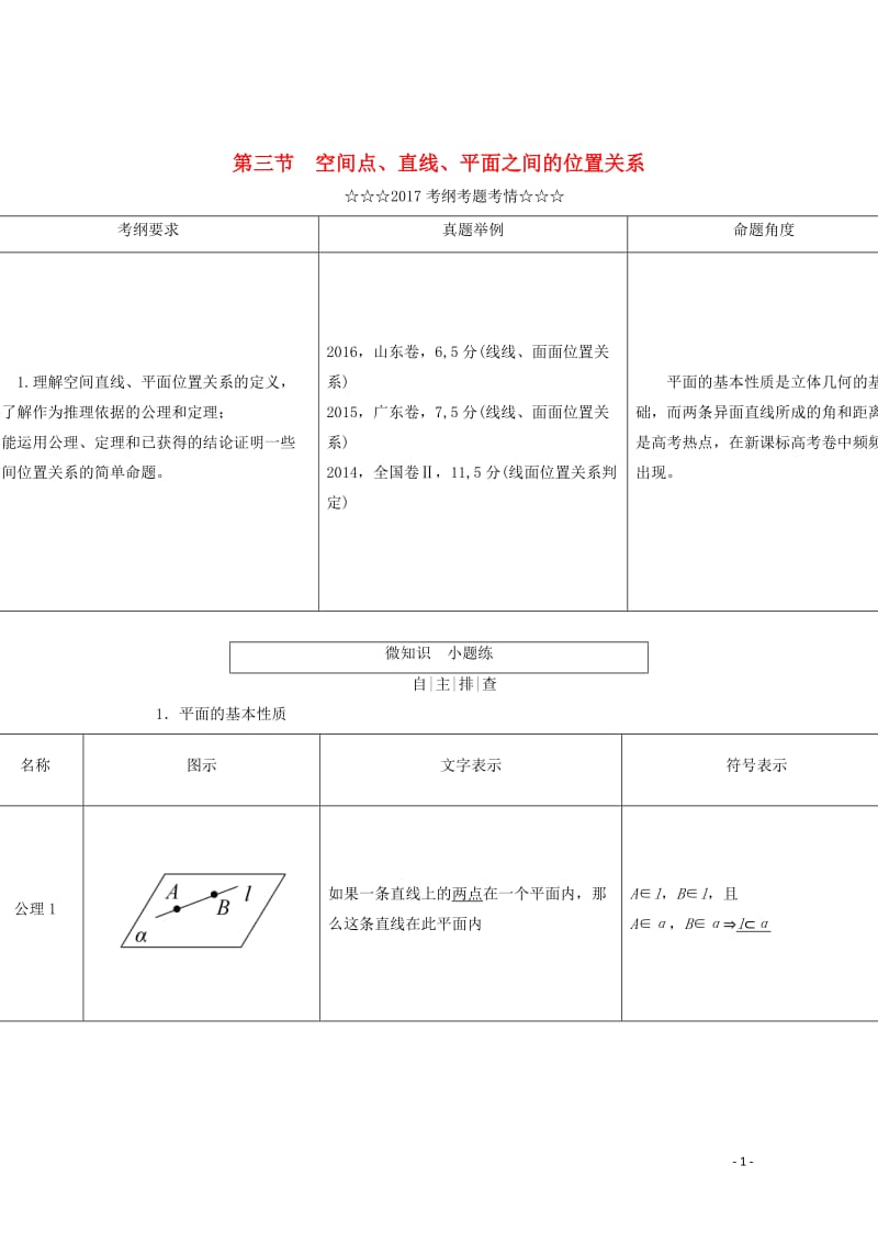 2018届高考数学大一轮复习第七章立体几何第三节空间点直线平面之间的位置关系教师用书理2017101.doc_第1页