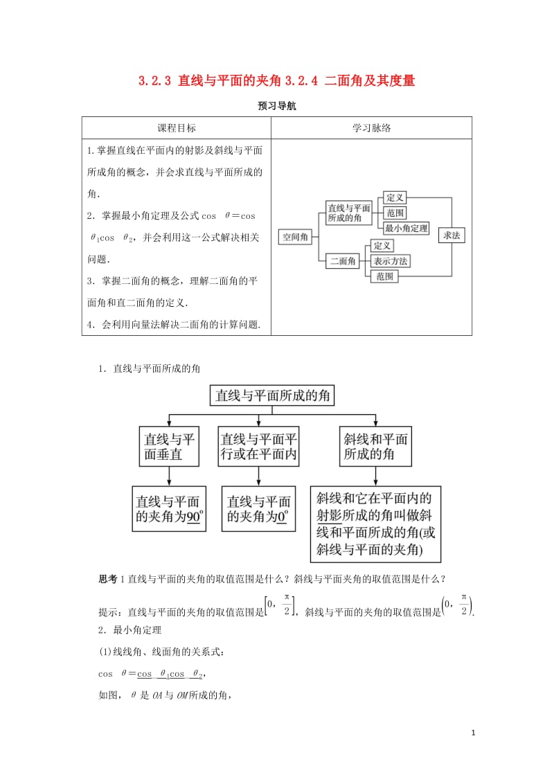 高中数学第三章空间向量与立体几何3.2空间向量在立体几何中的应用3.2.3_3.2.4预习导航学案新.doc_第1页