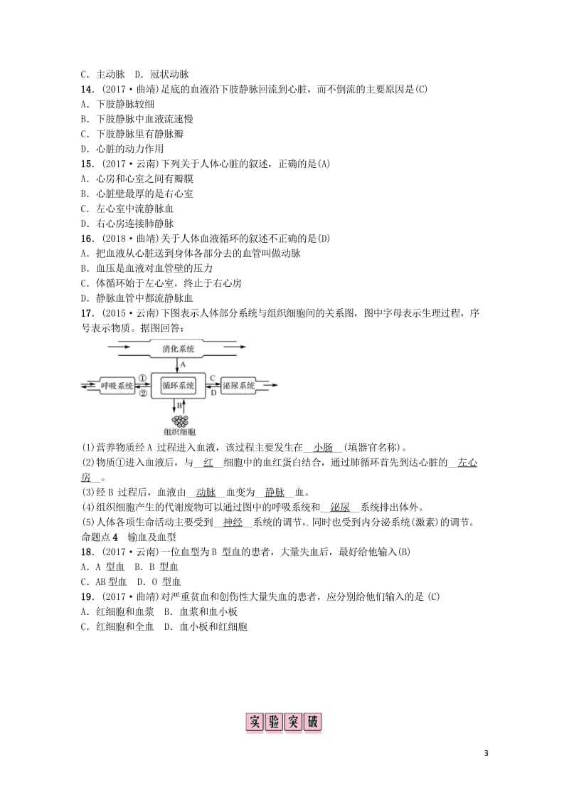 云南专版2019届中考生物教材考点梳理第10课时人体内物质的运输20181024544.wps_第3页