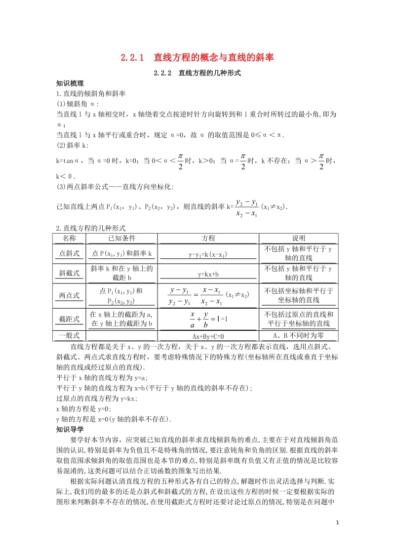 高中数学2.2直线的方程2.2.1直线方程的概念与直线的斜率2.2.2直线方程的几种形式知识导学案新.doc_第1页