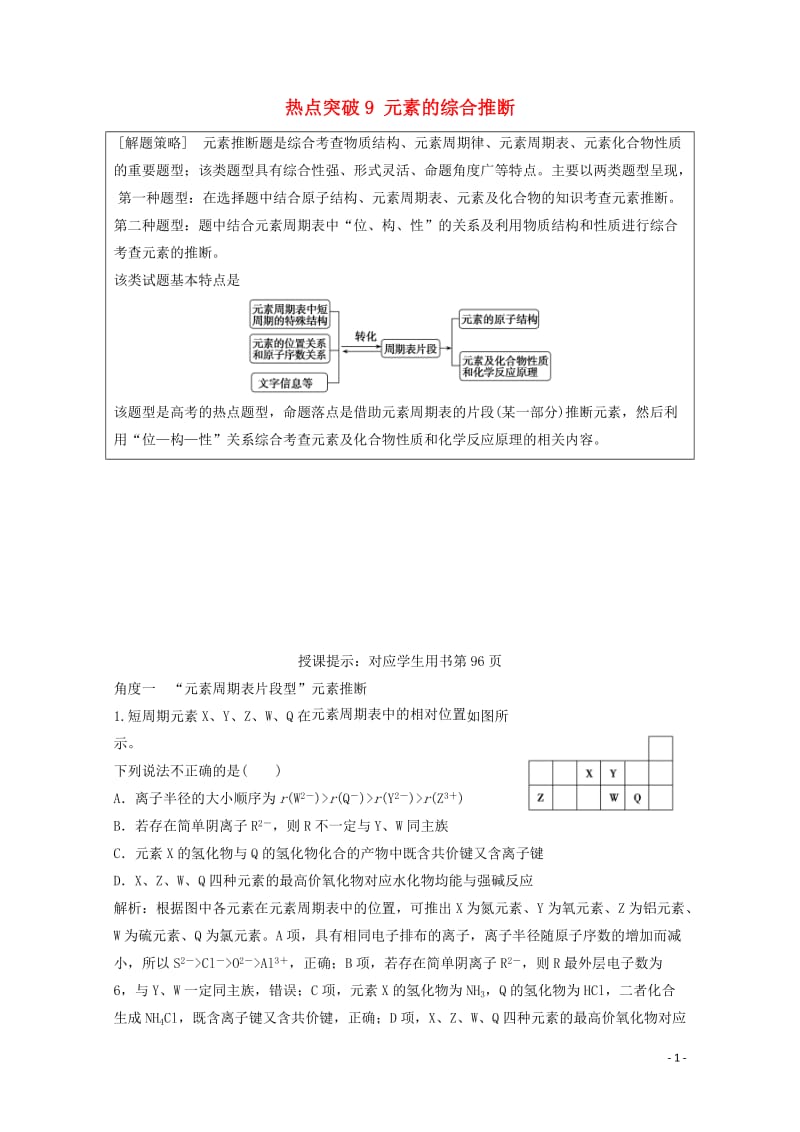 2018版高考化学一轮复习热点突破9元素的综合推断练习新人教版20171101138.doc_第1页