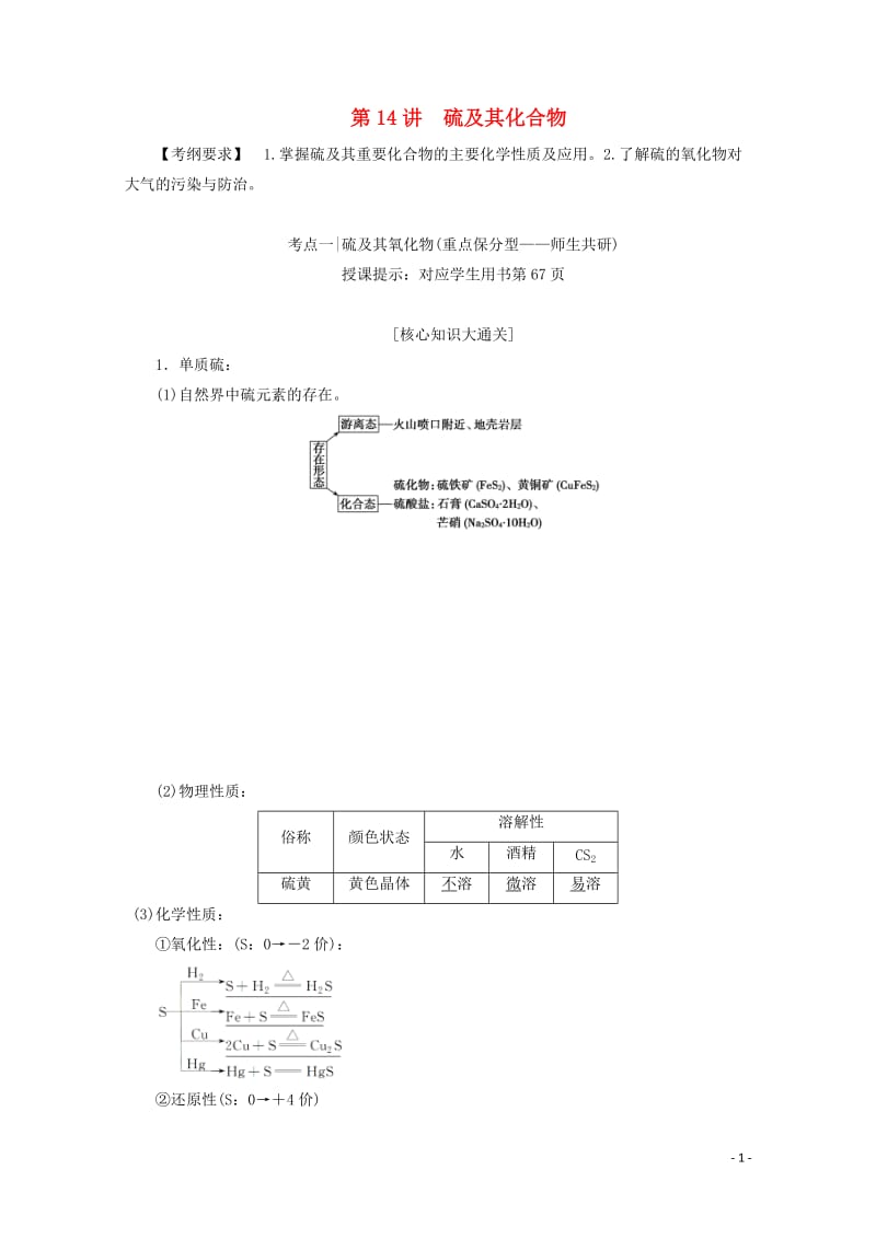 2018版高考化学一轮复习第14讲硫及其化合物练习新人教版20171101190.doc_第1页