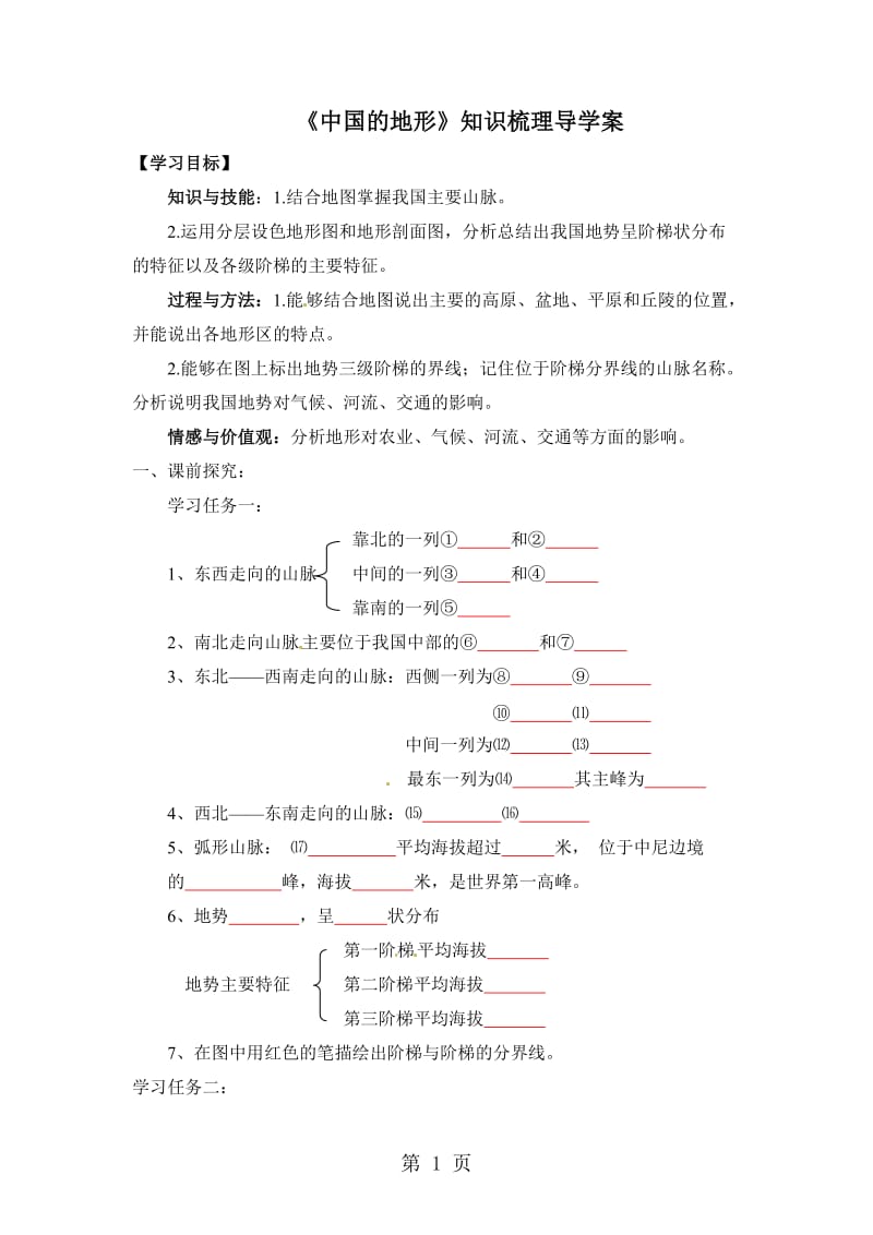 湘 教版八上2.1《中国的地形》知识梳理导学案-精选文档.doc_第1页
