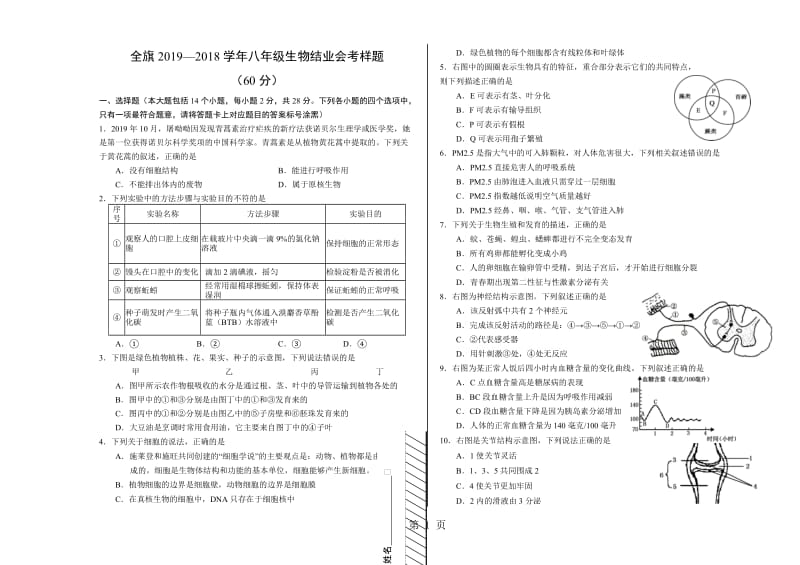 人教版内蒙古杭锦后旗全旗学年八年级生物结业会考样题（无答案）-文档资料.doc_第1页