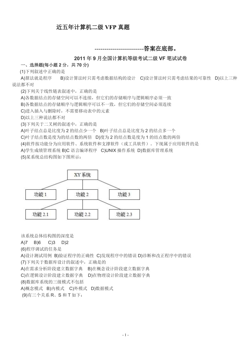 [其它考试]最近五年的计算机二级VFP真题及答案.doc_第1页