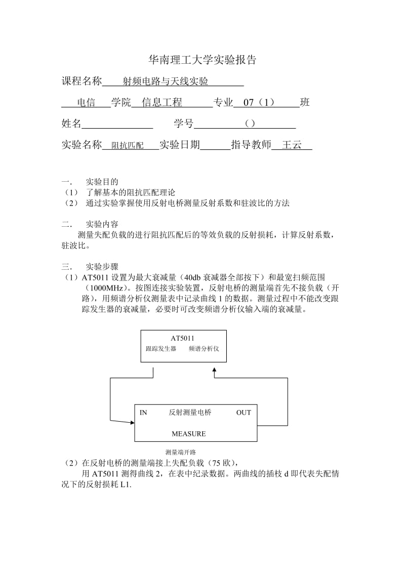 [工作总结]实验报告模版6阻抗匹配.doc_第1页