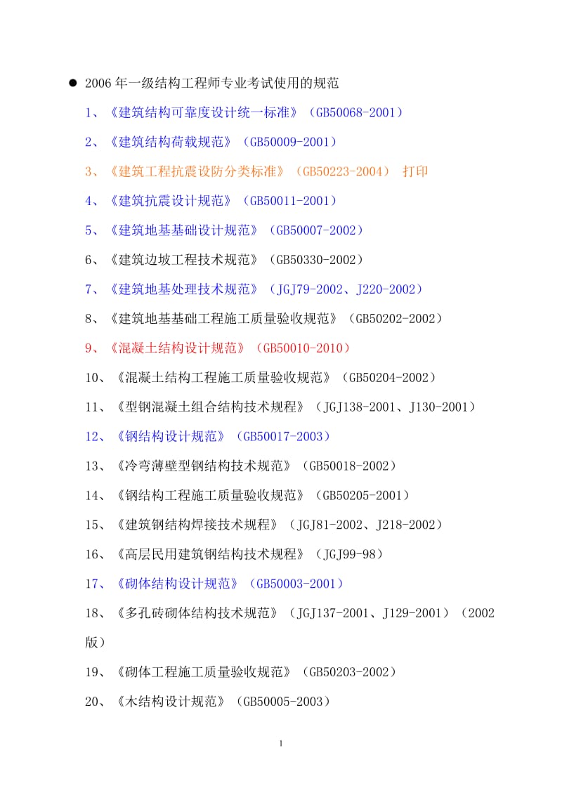 [其他资格考试]一级注册结构工程师规范、标准.doc_第1页