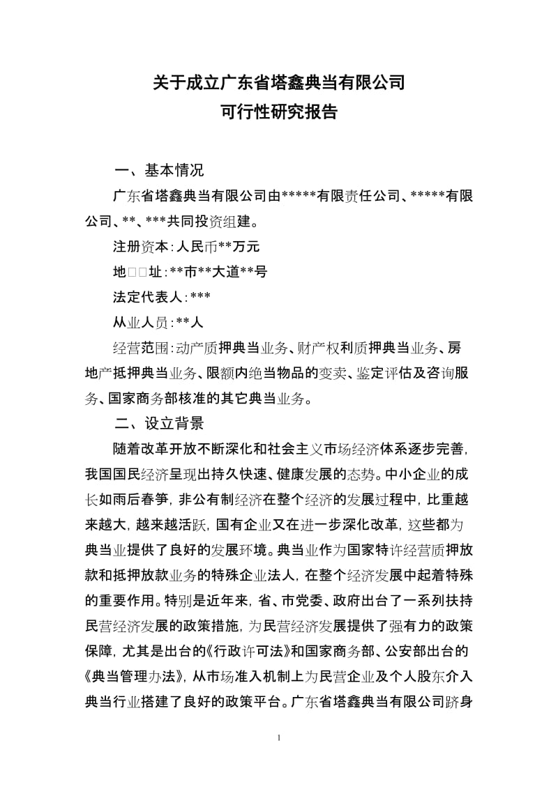 关于成立广东省塔鑫典当有限公司的可行性研究报告_9.27(2).doc_第1页