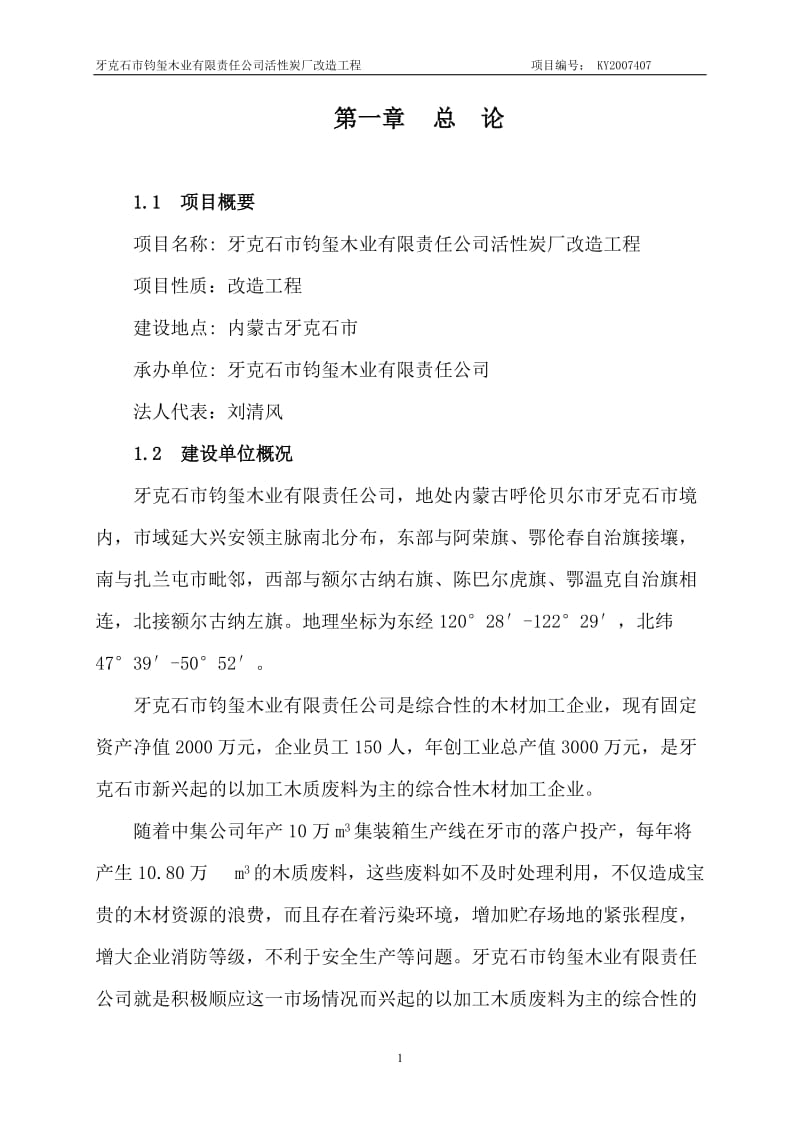 某木业公司活性炭厂改造工程项目可行性研究报告.doc_第1页