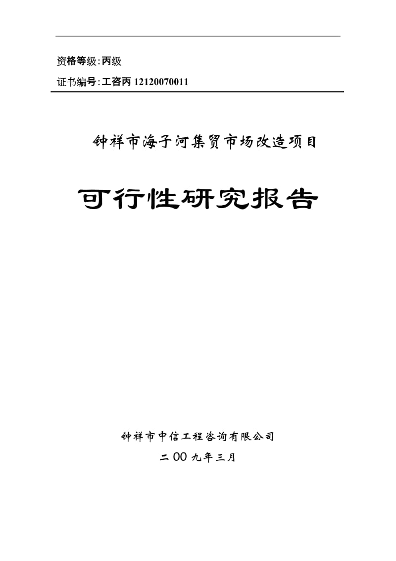 2009钟祥市海子河集贸市场改造项目可行性研究报告.doc_第1页