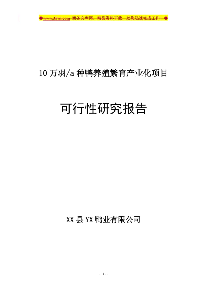 10万羽种鸭养殖繁育产业化项目可行性研究报告.doc_第1页