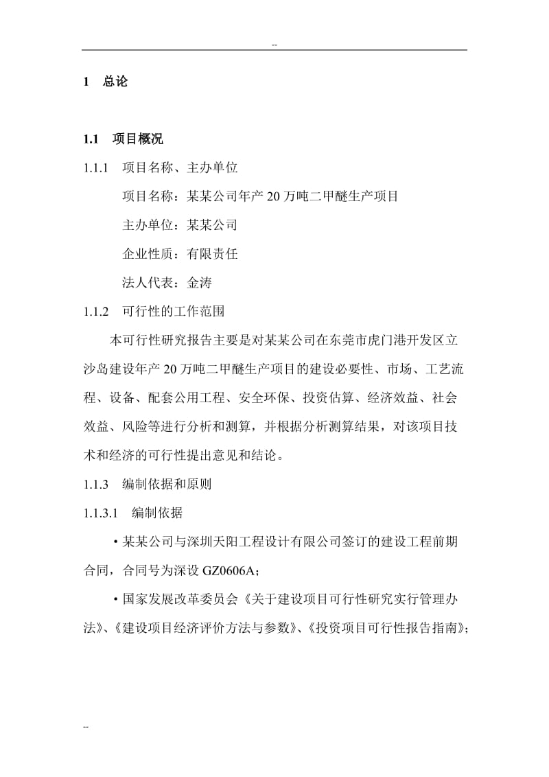 某公司20万吨年二甲醚生产线建设项目可行性研究报告－优秀甲级资质可研报告.doc_第1页