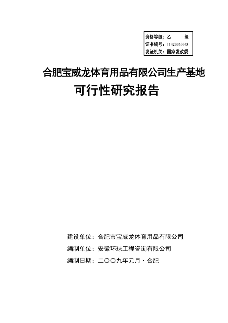 合肥宝威龙体育用品有限公司生产基地可行性研究报告.doc_第1页