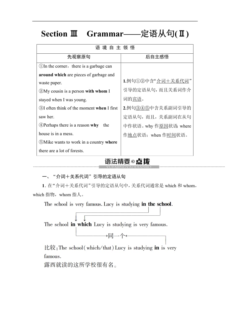 2019-2020同步译林英语必修一新突破讲义：Unit 2 Section Ⅲ　Grammar——定语从句（Ⅱ） Word版含答案.pdf_第1页