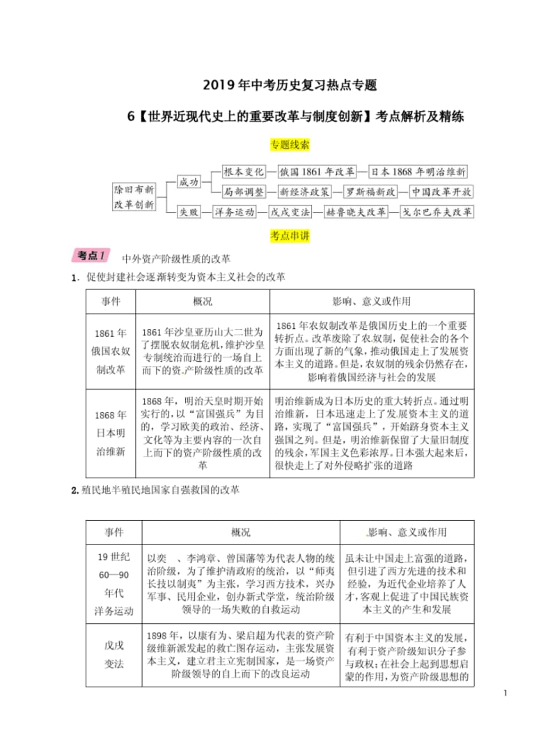 2019年中考历史复习热点专题6【世界近现代史上的重要改革与制度创新】考点解析及精练.pdf_第1页