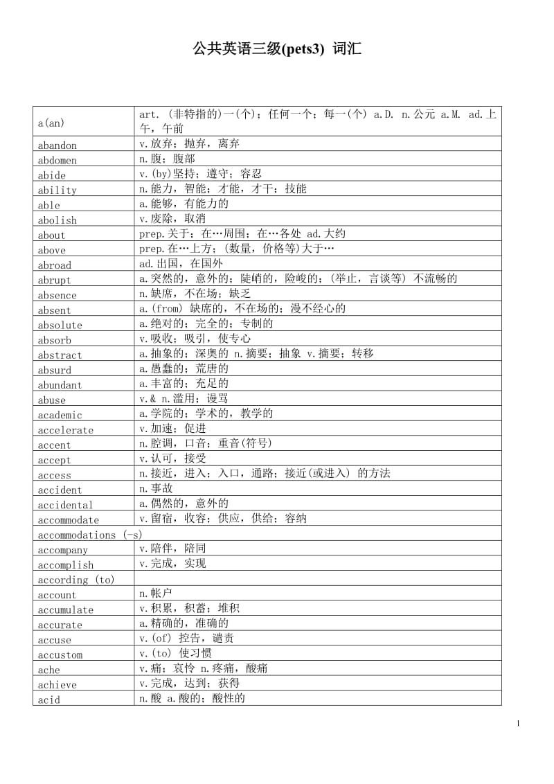 公共英语三级(pets3) 词汇 .doc_第1页