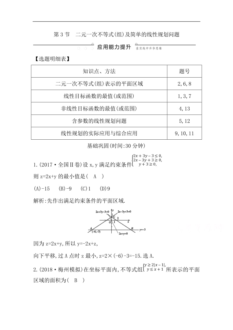 2020版导与练一轮复习文科数学习题：第六篇　不等式（必修5） 第3节　二元一次不等式（组）及简单的线性规划问题 Word版含解析.pdf_第1页