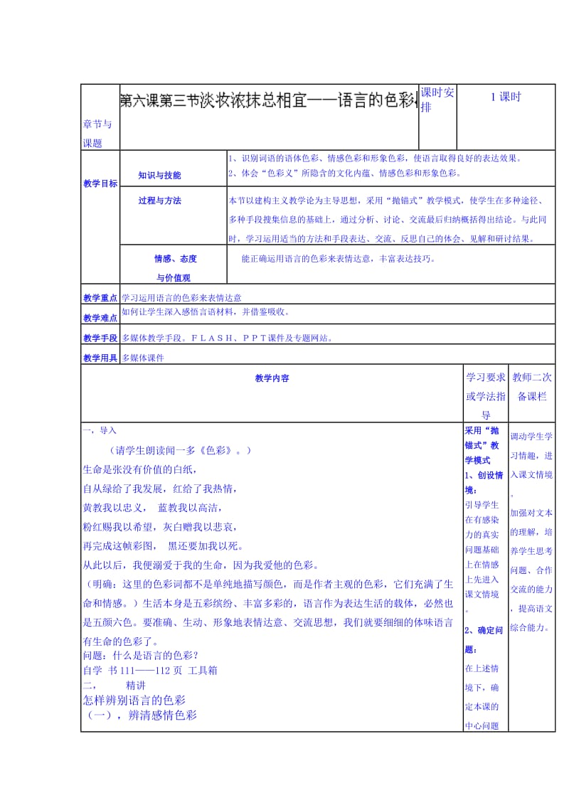 精品（人教版高中语文-练习题）导学案：淡妆浓抹总相宜——语言的色彩.doc_第1页