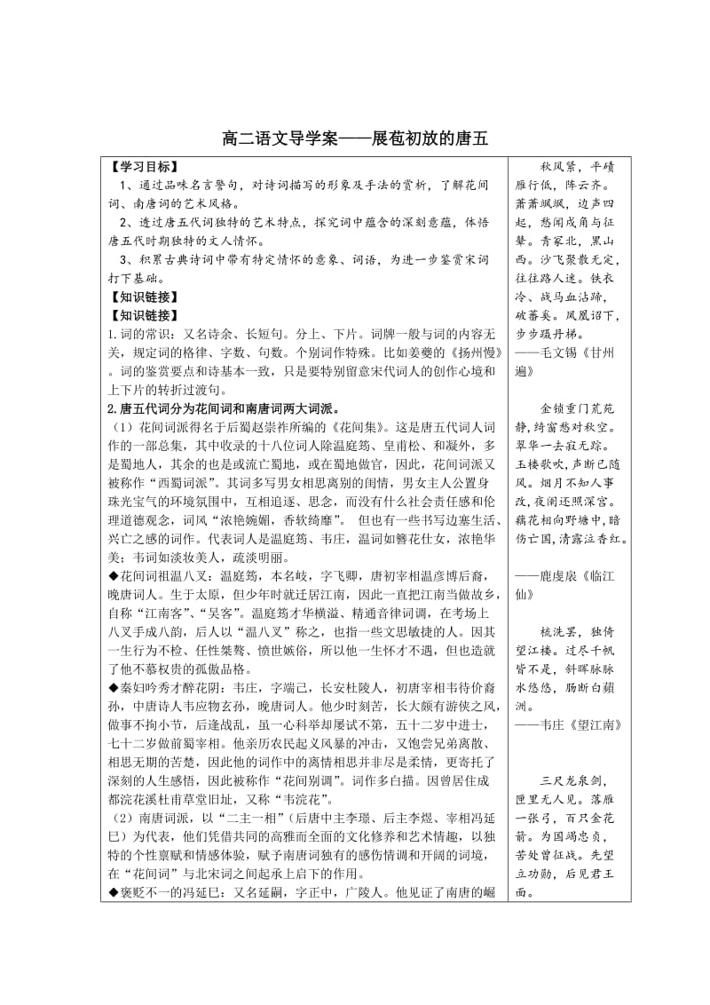 最新 【苏教版】高中语文选修系列《唐诗宋词选读》导学案：展苞初放的唐五代词（教师用）.doc_第1页