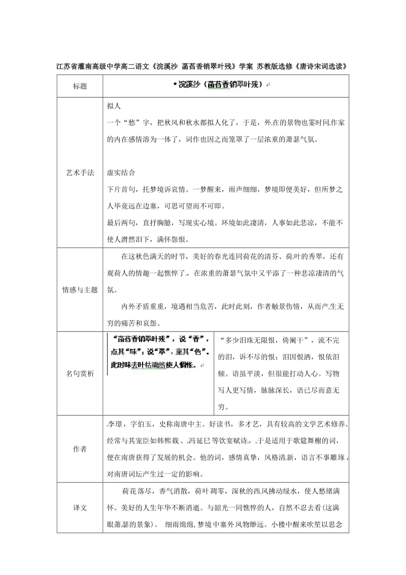 精品【苏教版】高中语文《浣溪沙 菡萏香销翠叶残》学案 （苏教版选修《唐诗宋词选读》）.doc_第1页