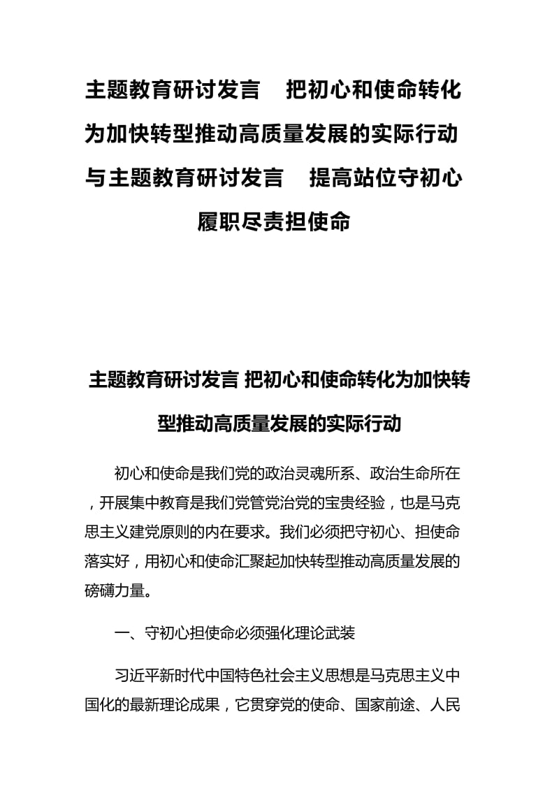 主题教育研讨发言 把初心和使命转化为加快转型推动高质量发展的实际行动与主题教育研讨发言 提高站位守初.docx_第1页