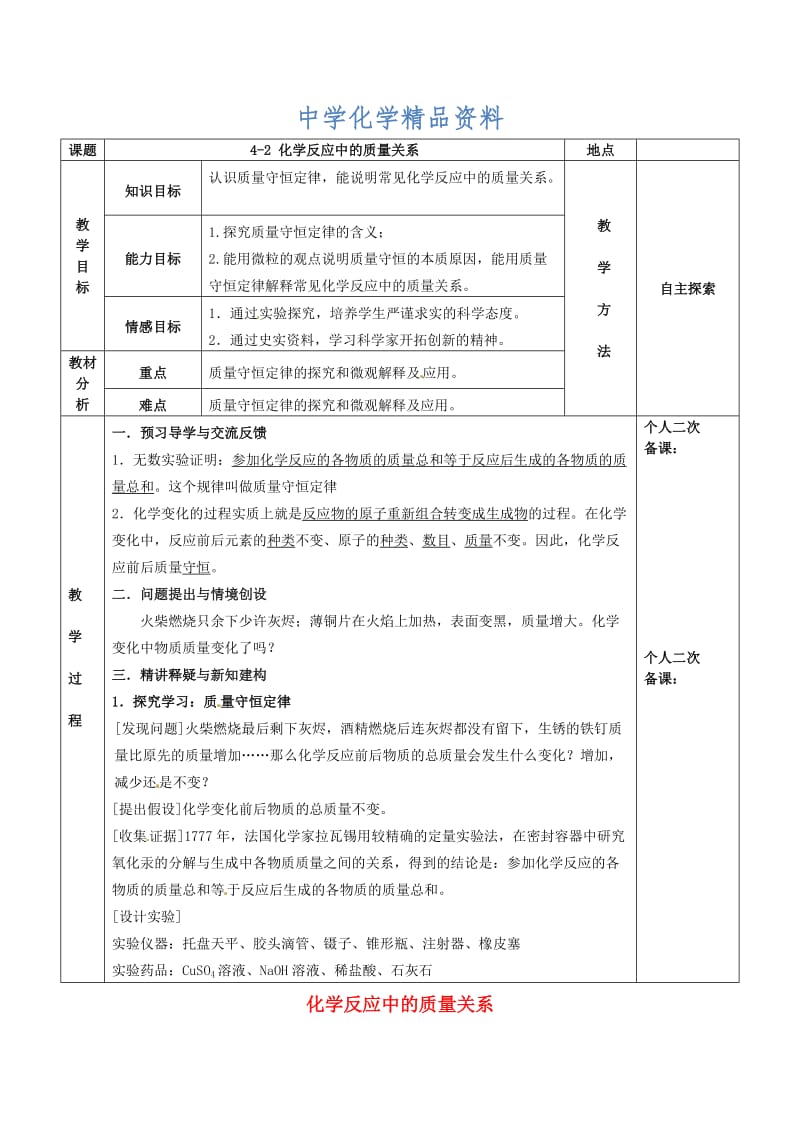 精品江苏省苏州市九年级化学全册第四章认识化学变化4.2化学反应中的质量关教案沪教版.doc_第1页