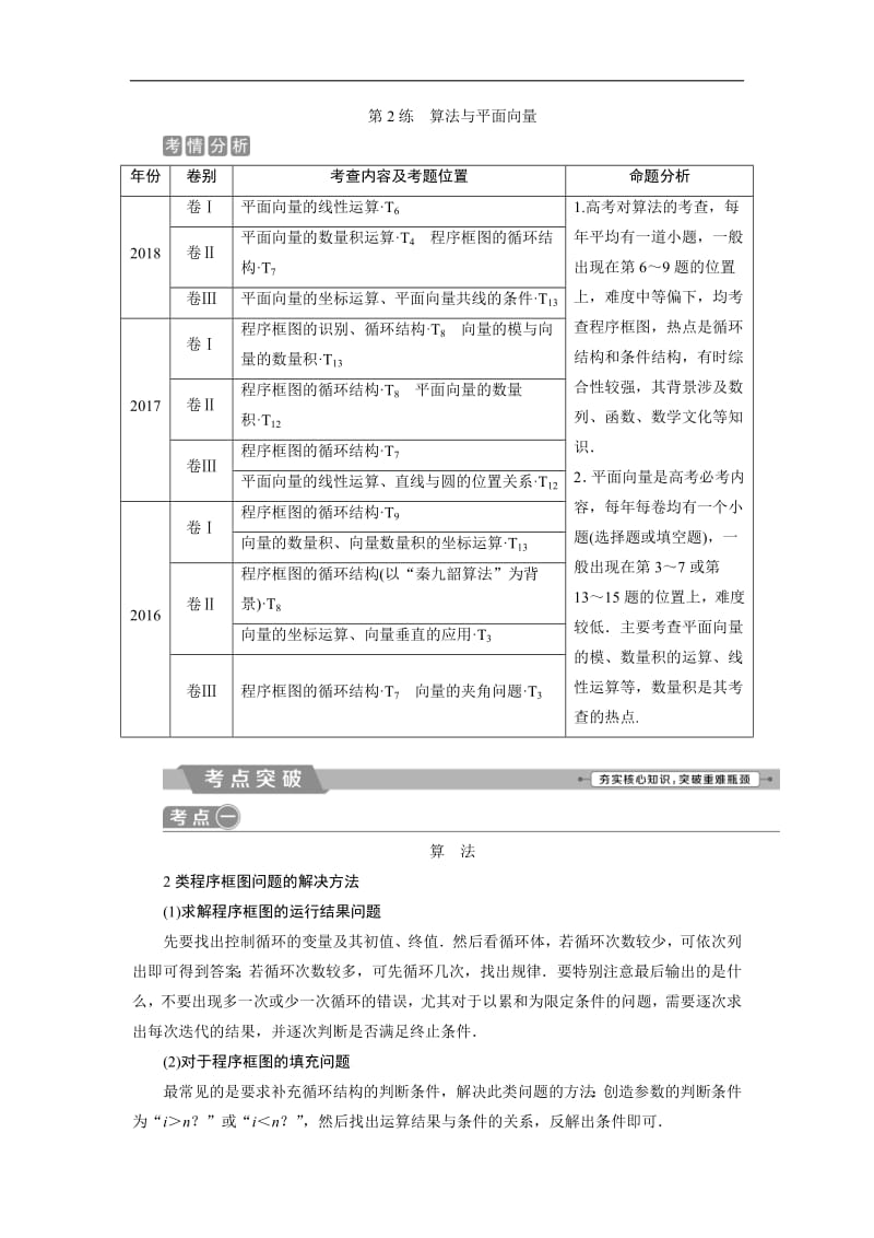 2019届高考数学二轮复习 第二部分专项一 2 第2练　算法与平面向量 学案 Word版含解析.pdf_第1页