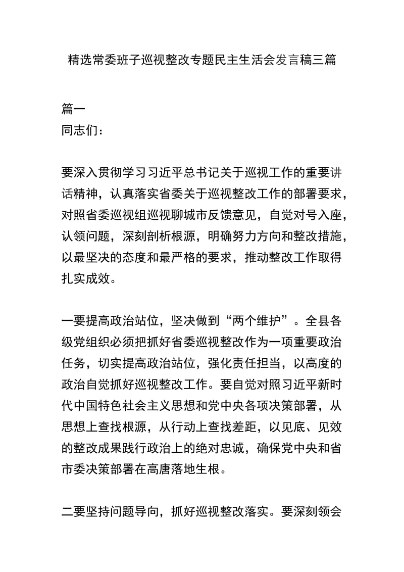 精选常委班子巡视整改专题民主生活会发言稿三篇.docx_第1页