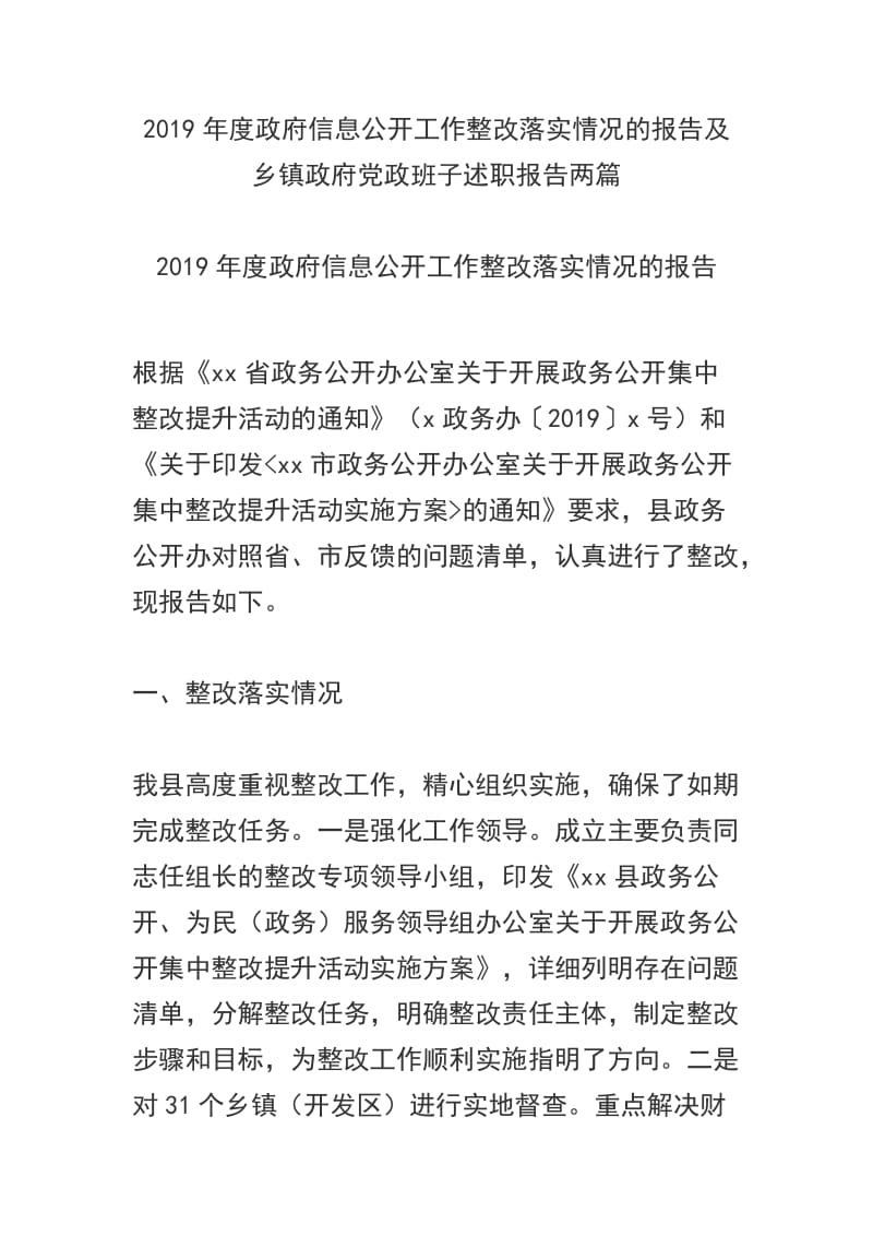 2019年度政府信息公开工作整改落实情况的报告及乡镇政府党政班子述职报告两篇.docx_第1页