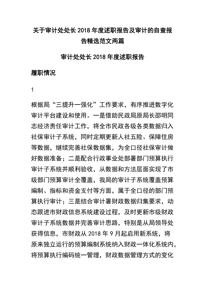 关于审计处处长2018年度述职报告及审计的自查报告精选范文两篇.docx_第1页