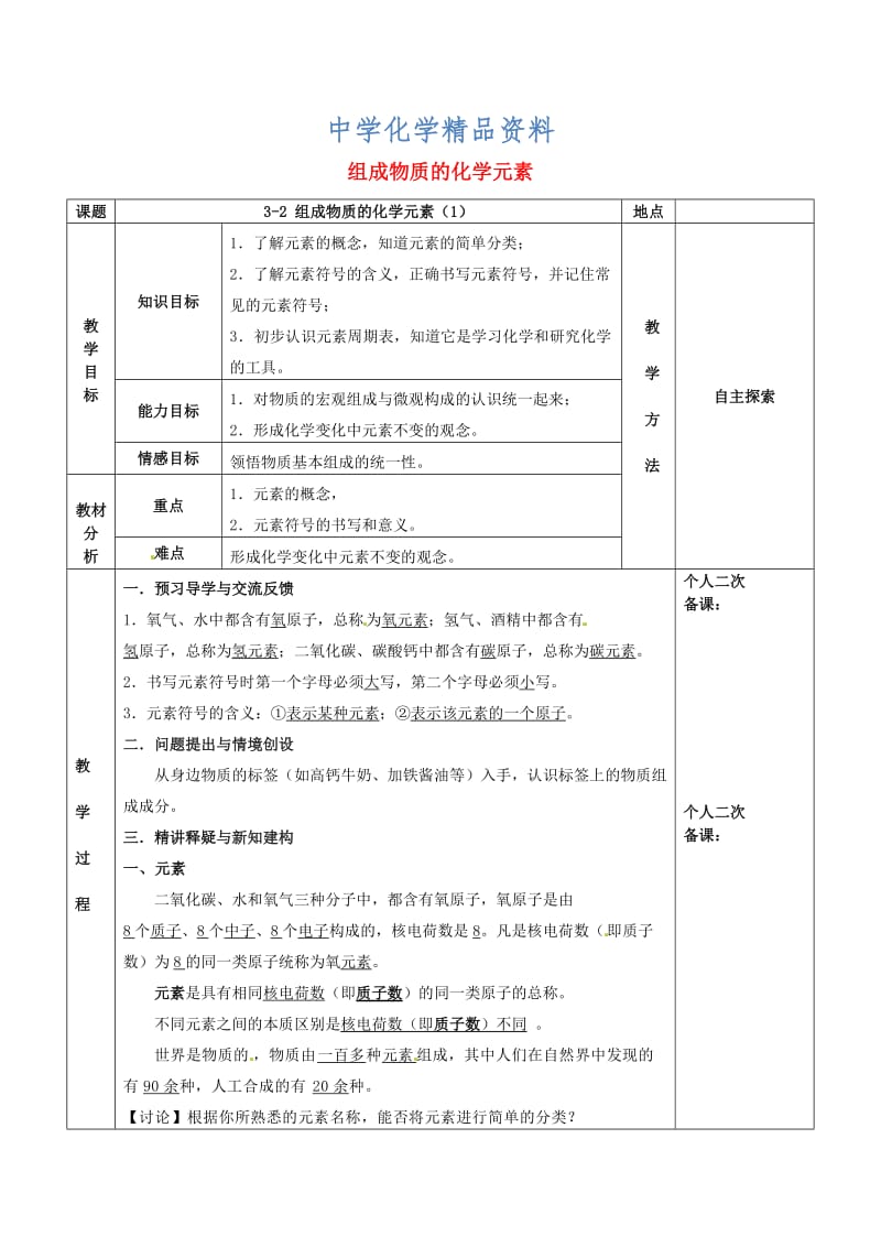 精品江苏省苏州市九年级化学全册第三章物质构成的奥秘3.2组成物质的化学元素教案1沪教版.doc_第1页