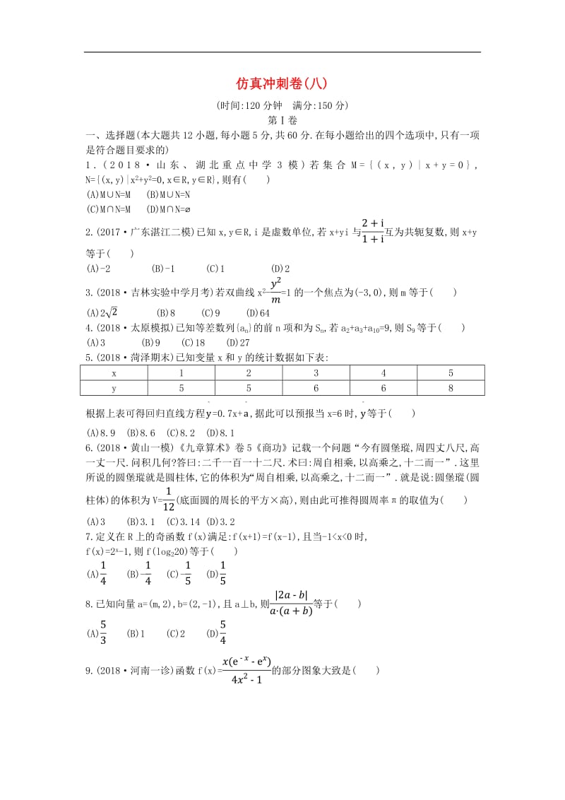 2019届高考数学二轮复习仿真冲刺卷八文2.pdf_第1页