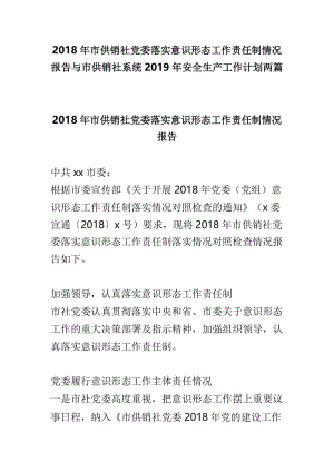 2018年市供销社党委落实意识形态工作责任制情况报告与市供销社系统2019年安全生产工作计划两篇.doc