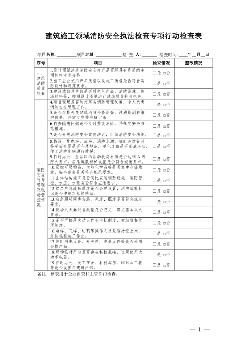 建筑施工领域消防安全执法检查专项行动检查表.doc_第1页