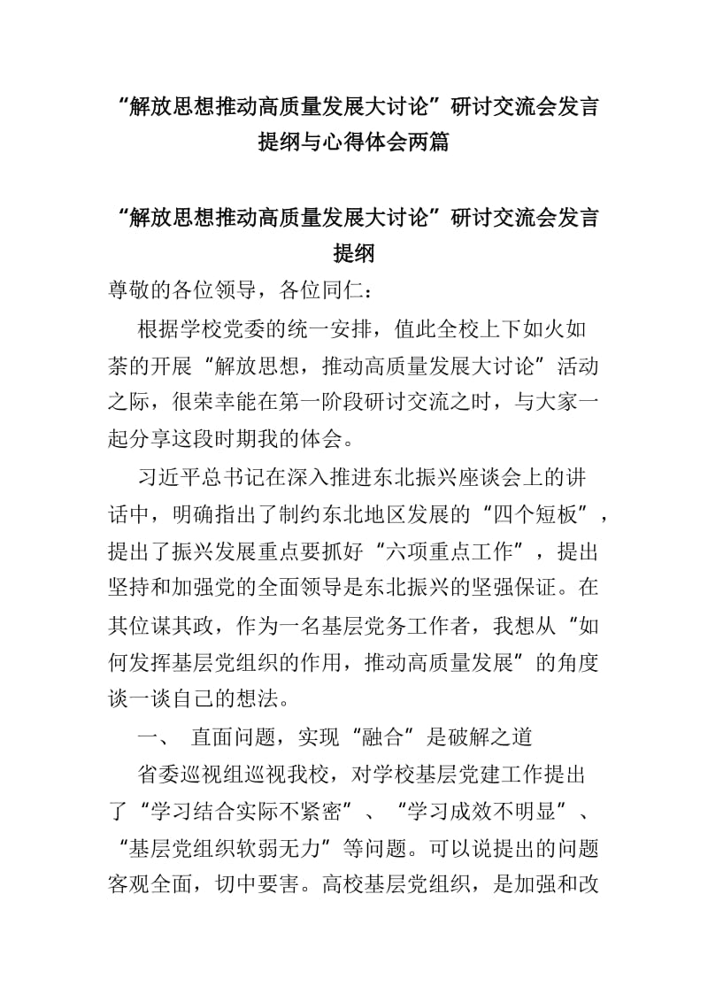 “解放思想推动高质量发展大讨论”研讨交流会发言提纲与心得体会两篇.doc_第1页