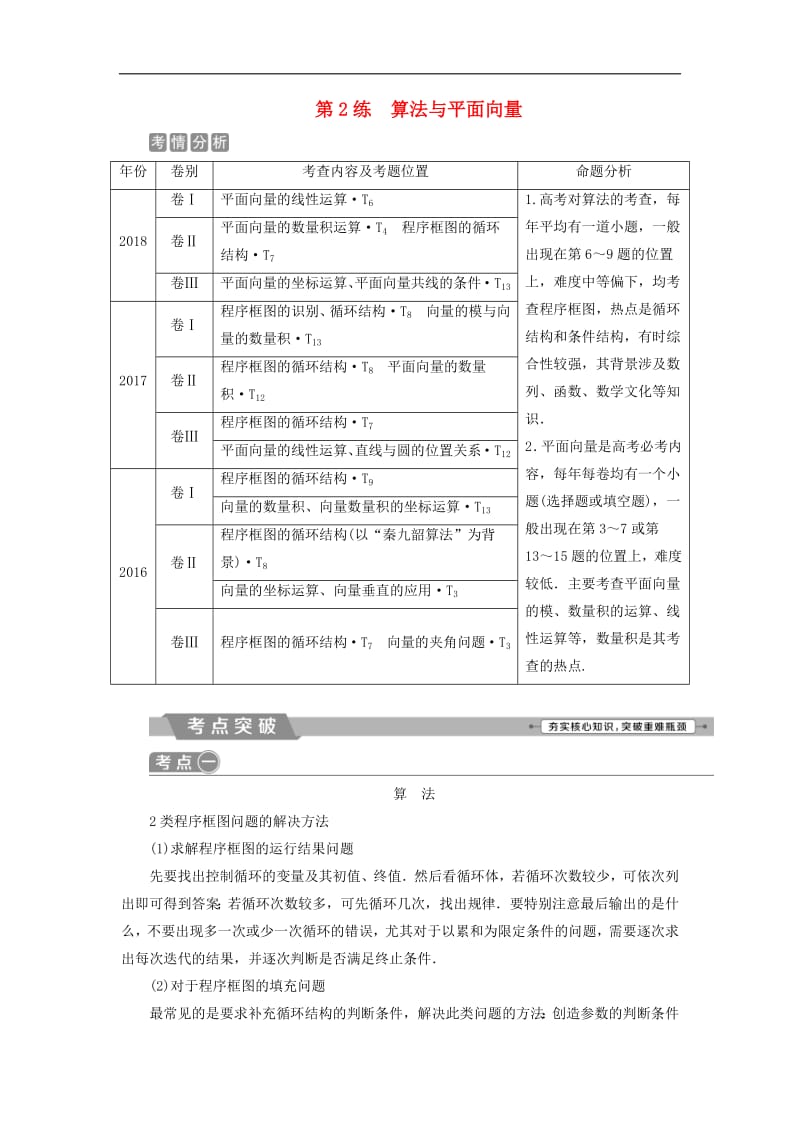 2019届高考数学二轮复习第二部分突破热点分层教学专项一2第2练算法与平面向量学案2.pdf_第1页