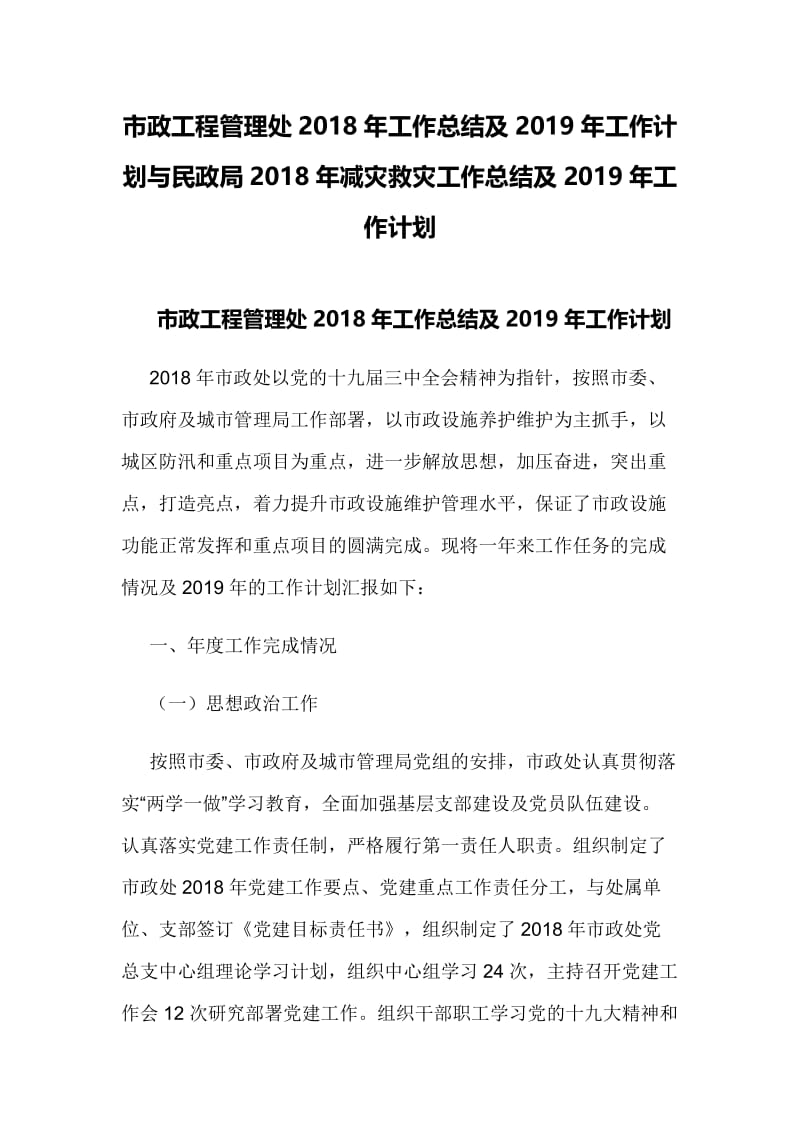 市政工程管理处2018年工作总结及2019年工作计划与民政局2018年减灾救灾工作总结及2019年工.docx_第1页