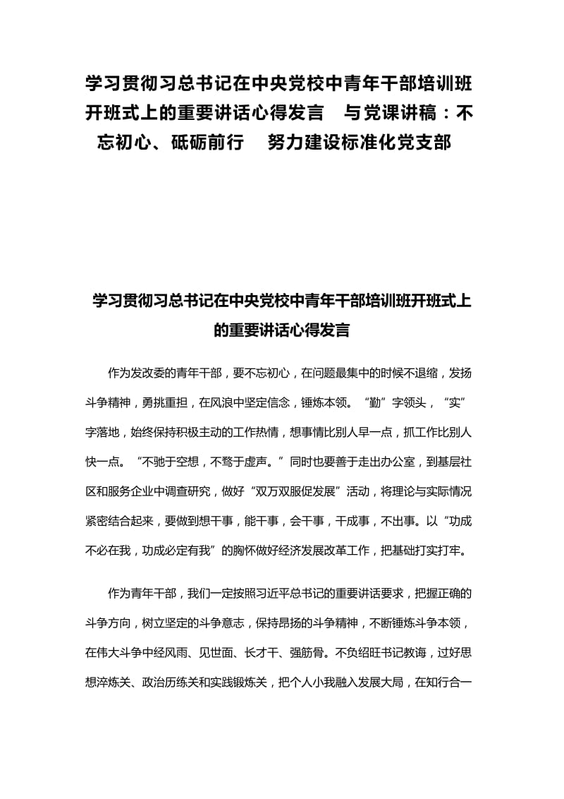 学习贯彻习总书记在中央党校中青年干部培训班开班式上的重要讲话心得发言与党课讲稿：不忘初心、砥砺前行 努力建设标准化党支部.docx_第1页