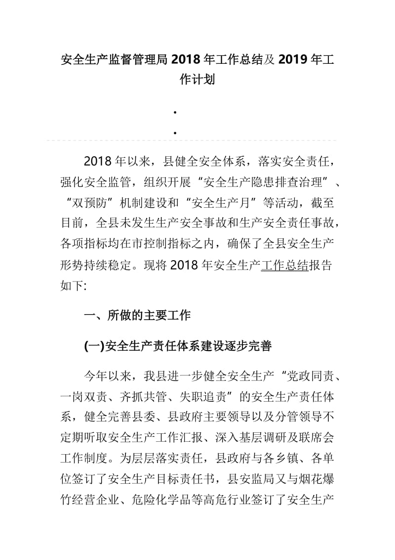 安全生产监督管理局2018年工作总结及2019年工作计划.doc_第1页