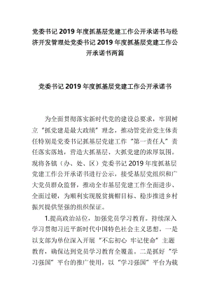 党委书记2019年度抓基层党建工作公开承诺书与经济开发管理处党委书记2019年度抓基层党建工作公开承诺书两篇.doc