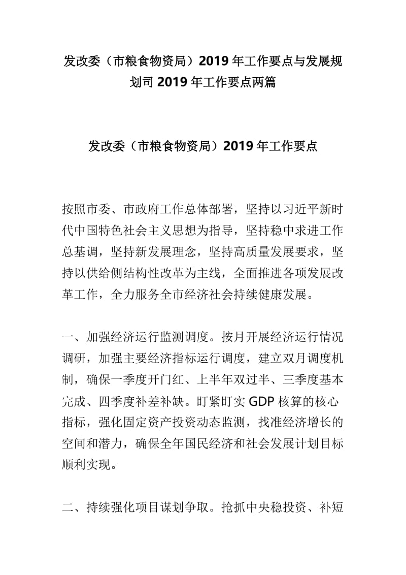 发改委（市粮食物资局）2019年工作要点与发展规划司2019年工作要点两篇.doc_第1页