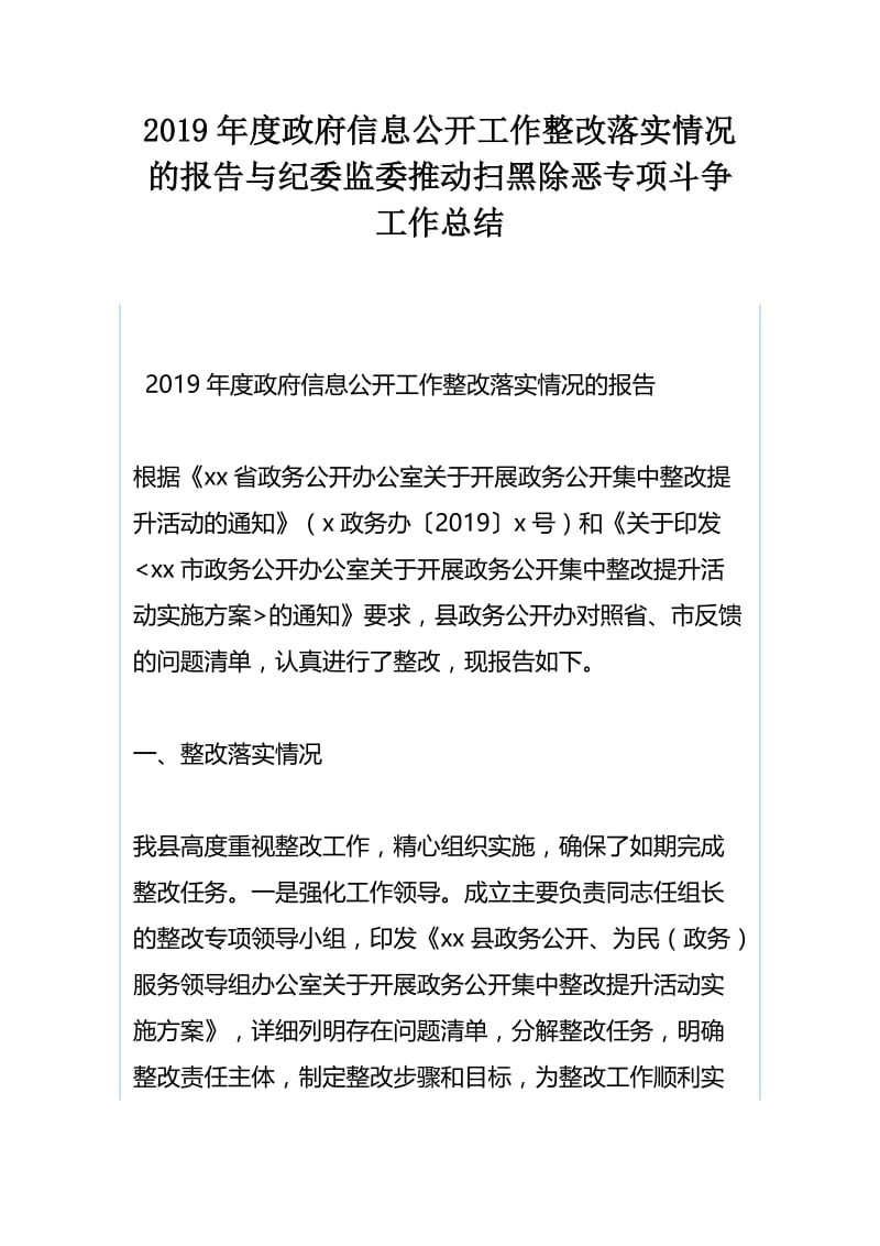 2019年度政府信息公开工作整改落实情况的报告与纪委监委推动扫黑除恶专项斗争工作总结.docx_第1页