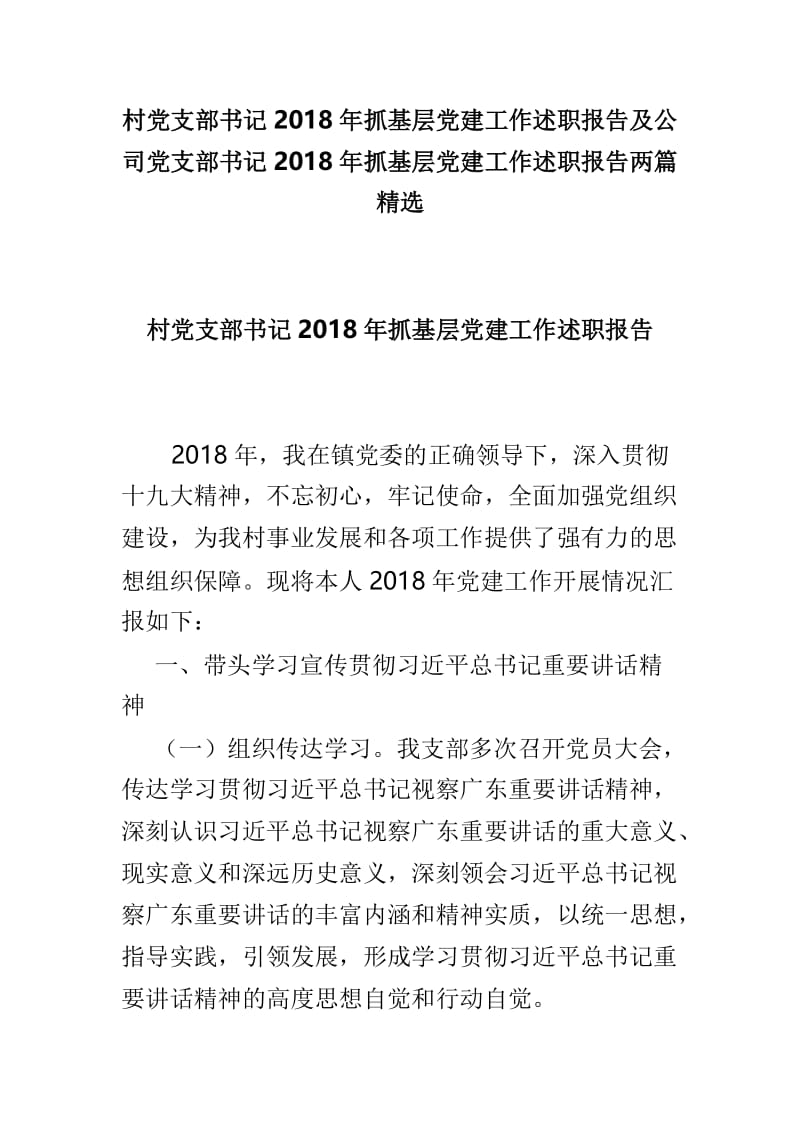 村党支部书记2018年抓基层党建工作述职报告及公司党支部书记2018年抓基层党建工作述职报告两篇精选.doc_第1页