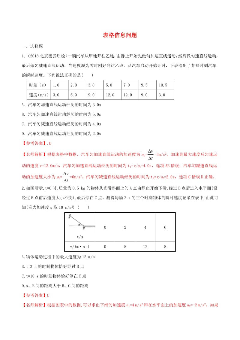 2020年高考物理100考点最新模拟题千题精练专题1.10表格信息问题含解析.pdf_第1页