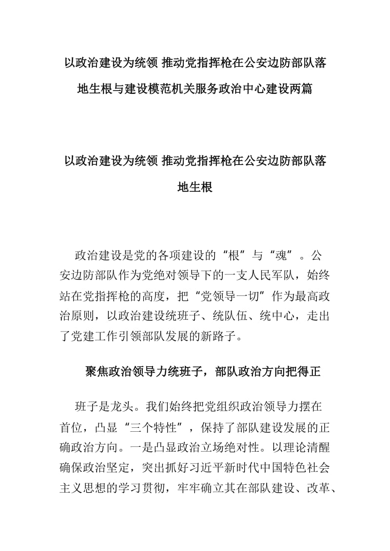 以政治建设为统领 推动党指挥枪在公安边防部队落地生根与建设模范机关服务政治中心建设两篇.doc_第1页