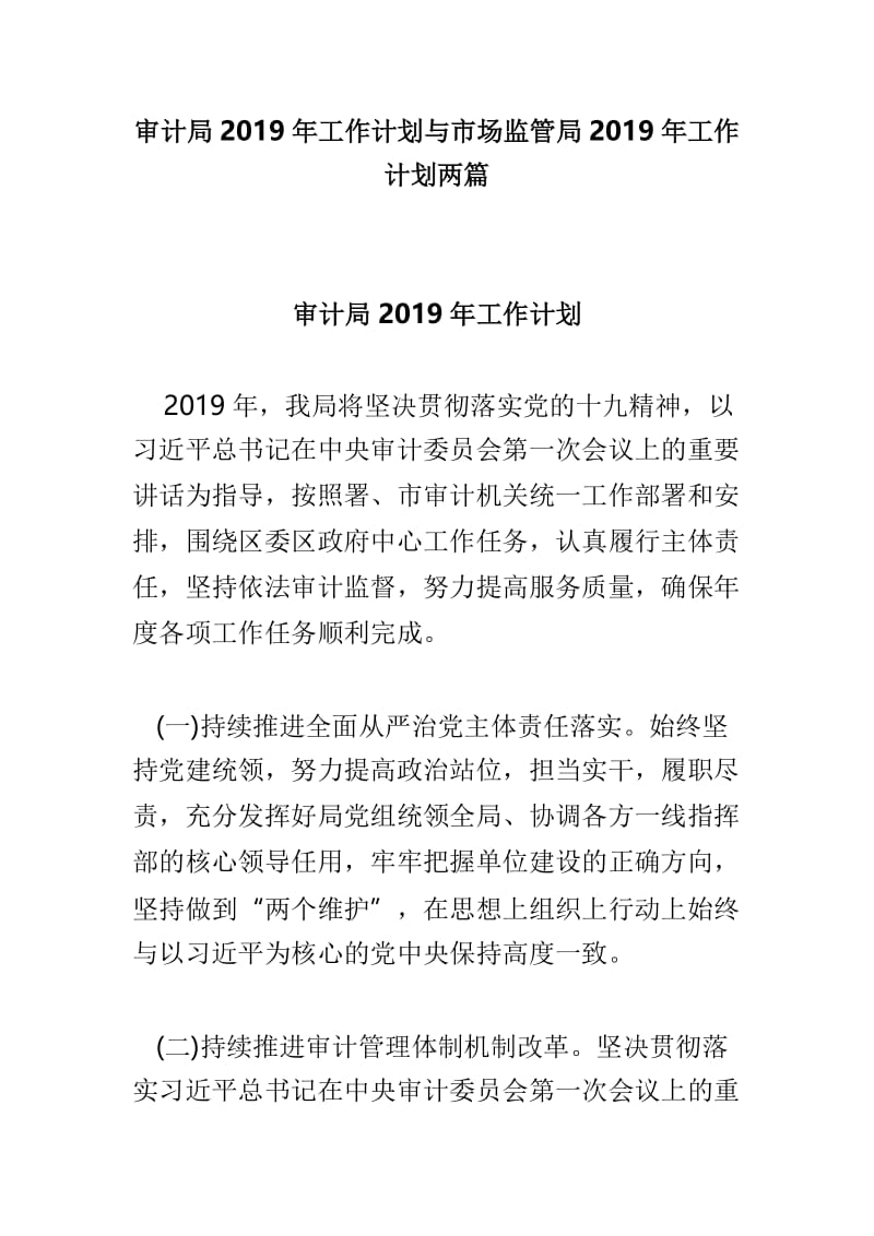 审计局2019年工作计划与市场监管局2019年工作计划两篇.doc_第1页