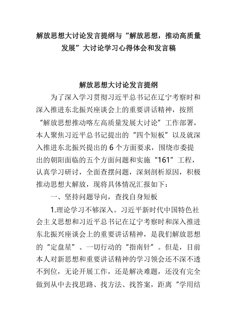 解放思想大讨论发言提纲与“解放思想，推动高质量发展”大讨论学习心得体会和发言稿.doc_第1页