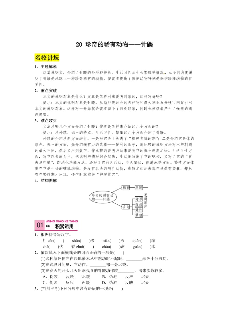 最新版语文版七年级语文下册语文第五单元++20+珍奇的稀有动物——针鼹.doc_第1页