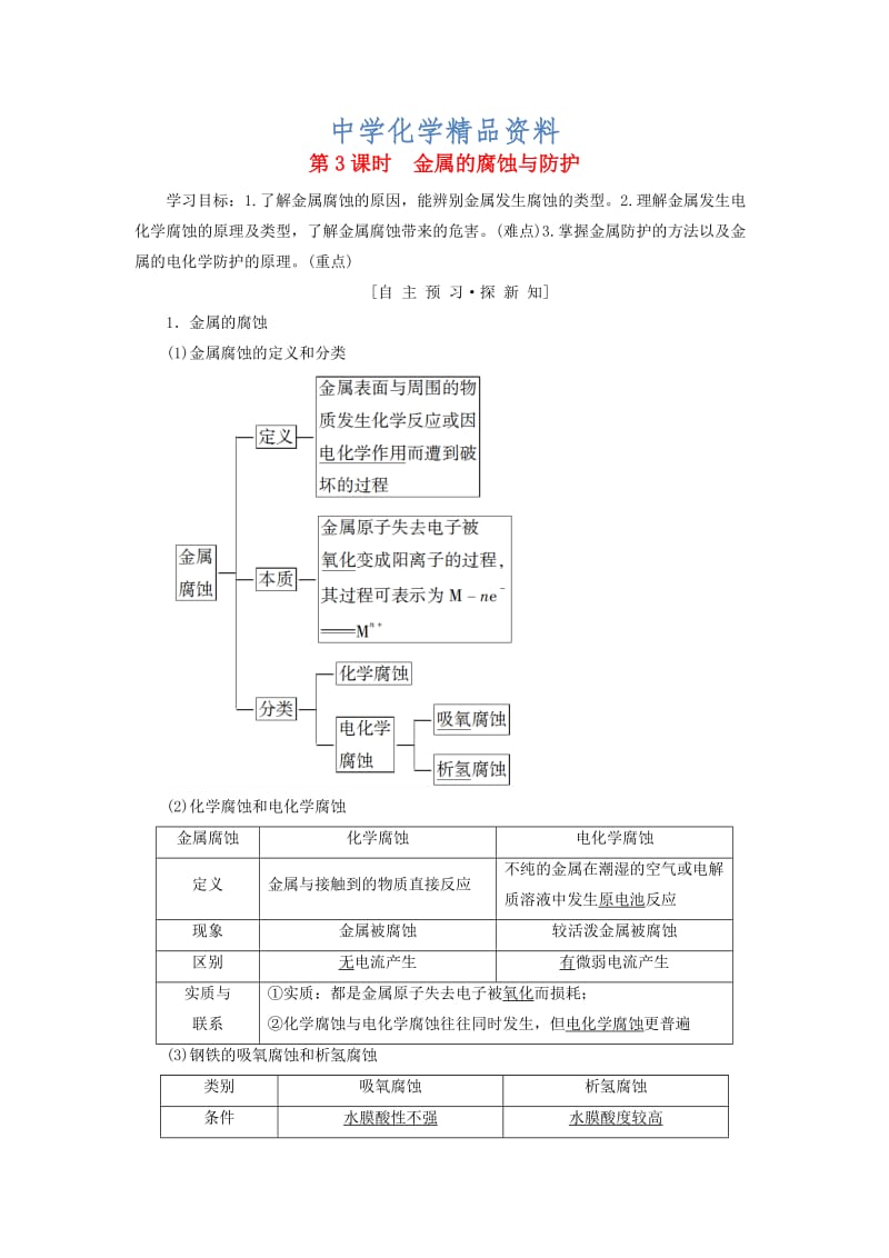 精品高中化学第1章化学反应与能量转化第3节化学能转化为电能__电池第3课时金属的腐蚀与防护学案鲁科版选修4.doc_第1页