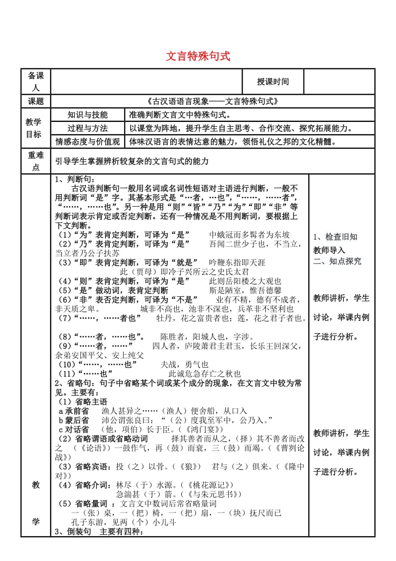 最新 高中语文 古代语法 特殊句式教案 人教版必修1.doc_第1页